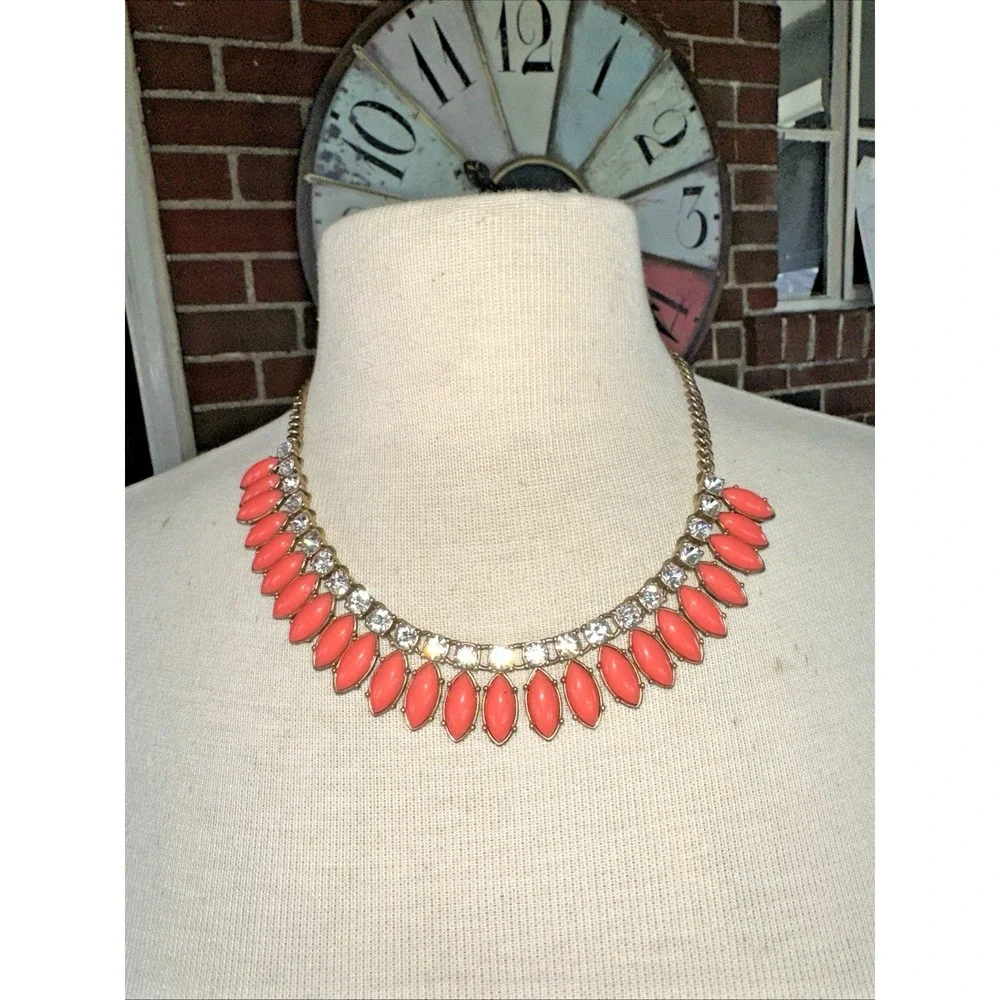 J.Crew Statement Necklace Women OS Coral Gold Excellent Bib Crystal Marquise
